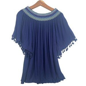 Hayden Womens Top Sz S Navy Smocked On/Off Shoulder Tasseled Boho Peasant Tunic